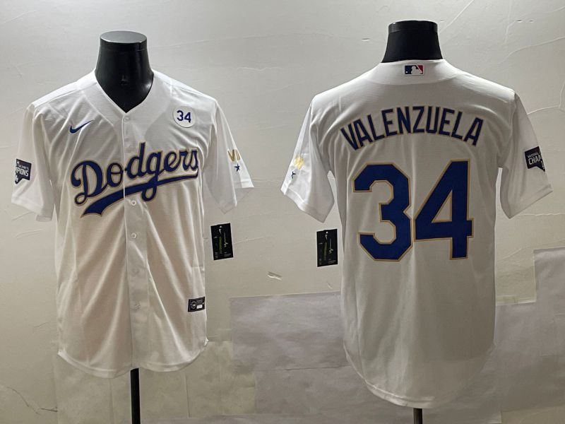 Men Los Angeles Dodgers #34 Valenzuela White blue Gold Game 2025 Nike MLB Jersey style 9->los angeles dodgers->MLB Jersey
